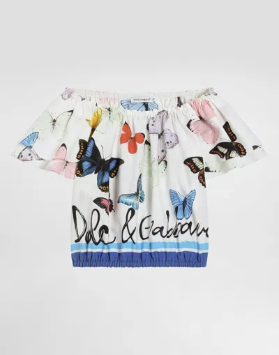 Dolce & Gabbana Cotton Poplin Top With Butterfly Print