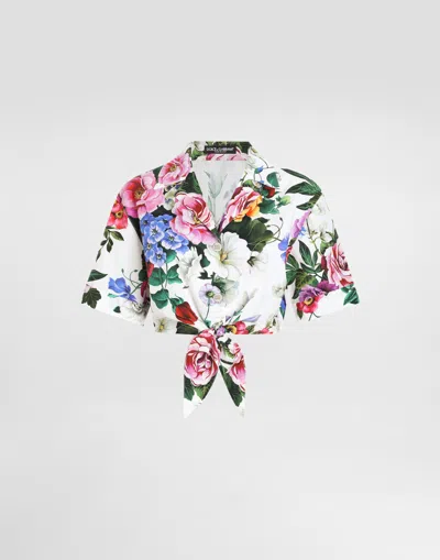 DOLCE & GABBANA COTTON PUSSY-BOW SHIRT WITH FLORAL PRINT