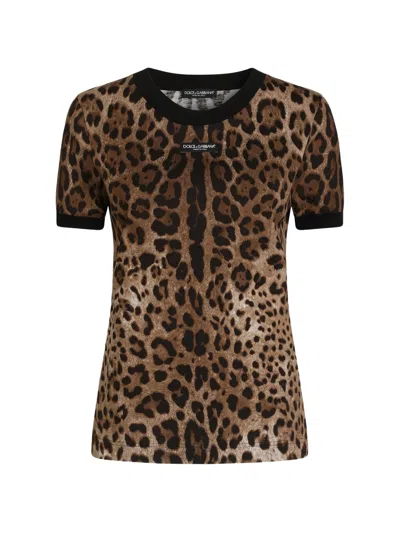Dolce & Gabbana Cotton Raglan T-shirt With Contrast Collar And Cuffs In Animal Print