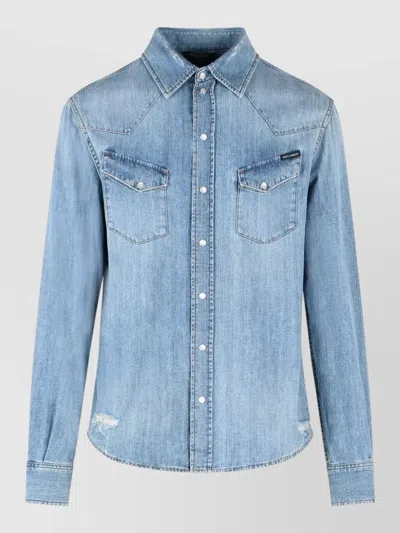 Dolce & Gabbana Cotton Shirt Long Sleeves Western Yoke Pockets In Blue