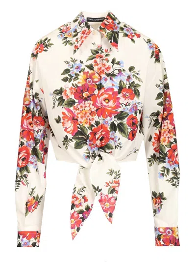 Dolce & Gabbana Cotton Shirt With A Bouquet Of Flowers Print Shirts White In Multi