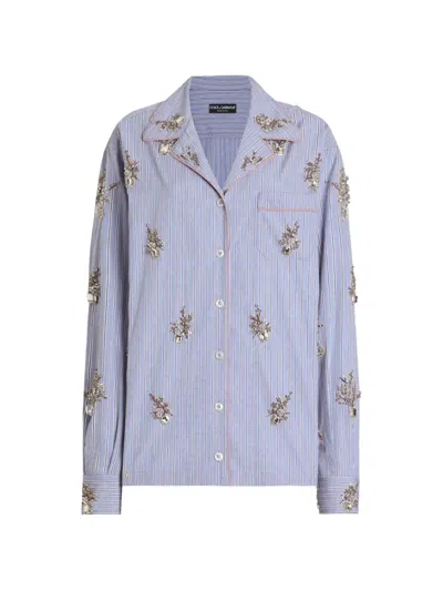 Dolce & Gabbana Cotton Shirt With Crystal Flower Embroidery In Purple