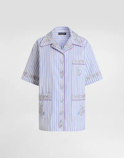Dolce & Gabbana Cotton Shirt With Flower Embroidery In Blue
