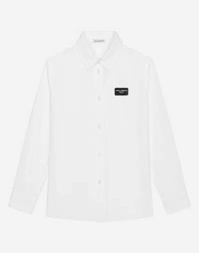 Dolce & Gabbana Kids' Cotton Shirt With Logo Tag In Blanco