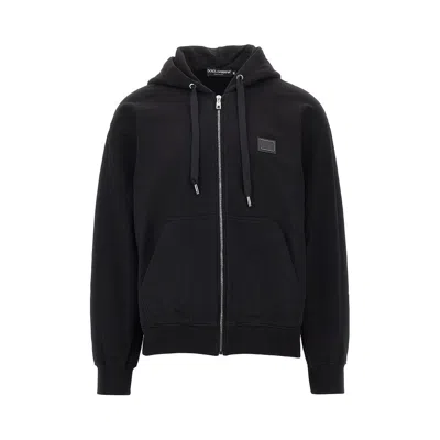 Dolce & Gabbana Cotton Sweatshirt With Log Plate In Black