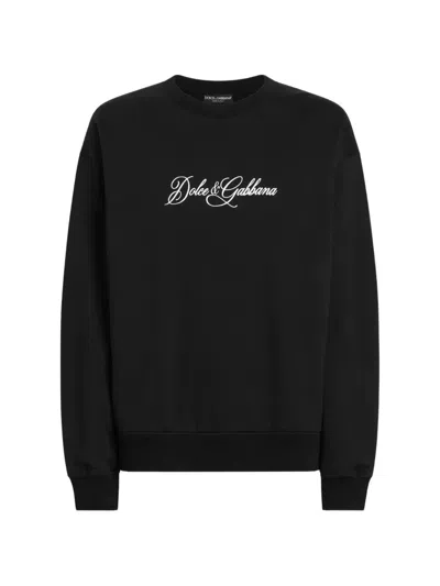 Dolce & Gabbana Felpa Girocollo In Cotone Nero Con Logo Ricamato Dolce E Gabbana In Black