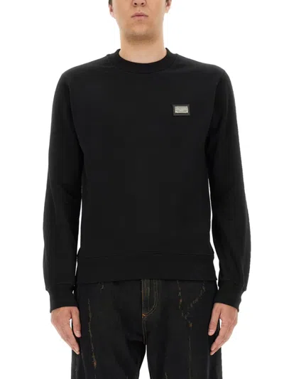 Dolce & Gabbana Cotton Sweatshirt With Subtle Logo Plaque In Black