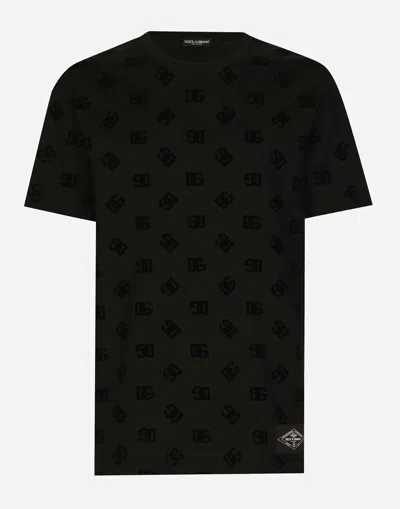 DOLCE & GABBANA COTTON T-SHIRT WITH ALL-OVER FLOCKED DG PRINT