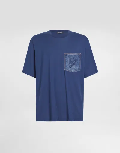Dolce & Gabbana Cotton T-shirt With Breast Pocket And Logo Embroidery In Blue
