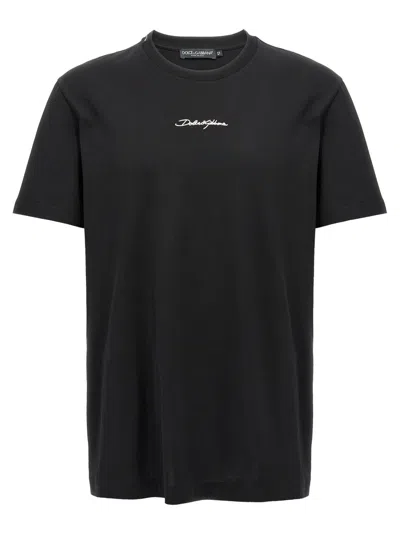 Dolce & Gabbana Black Crewneck T-shirt With Signature Logo In Cotton Man
