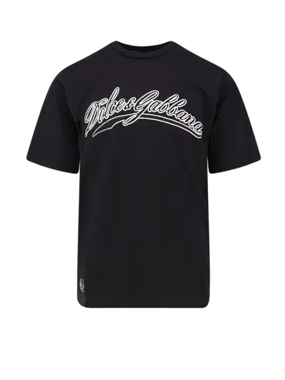 Dolce & Gabbana Men Cotton T-shirt With Embossed Logo Embroidery In Black