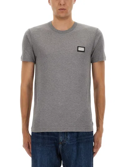 Dolce & Gabbana Cotton T Shirt With Logo Plaque In Gray