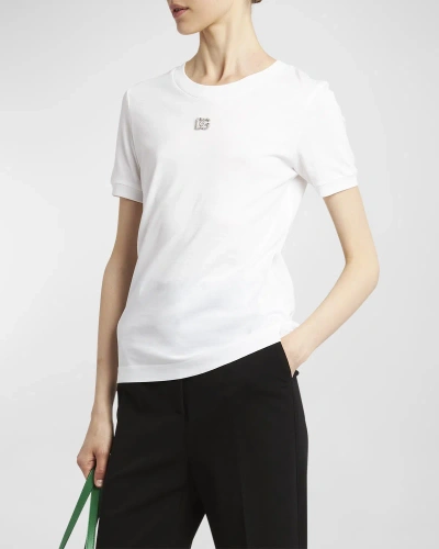 Dolce & Gabbana Cotton T-shirt With Strass Crystal Logo In Opticalwhi
