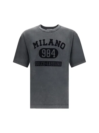 Dolce & Gabbana Cotton T-shirt With Velvety Logo In Gray