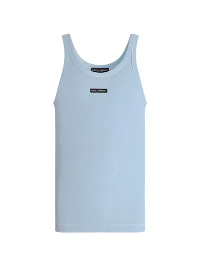 Dolce & Gabbana Cotton Tank Top With Print In Blue