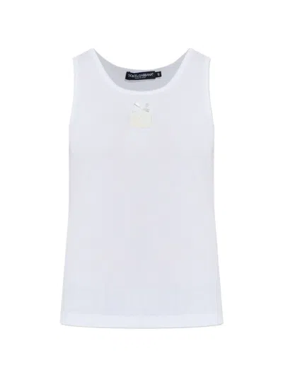 Dolce & Gabbana Ribbed Cotton Top Sleeveless Crew Neck In White