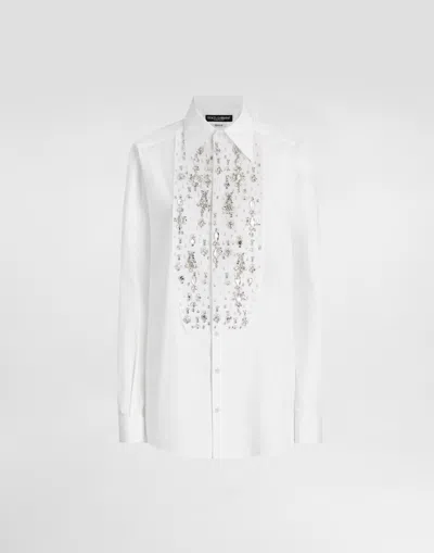 Dolce & Gabbana Cotton Tuxedo Shirt With Rhinestone-embroidered Shirt Front In White