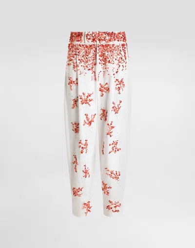 Dolce & Gabbana Cotton Twill Pants With Coral Embroidery In Multicolor