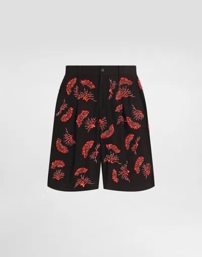 Dolce & Gabbana Cotton Twill Shorts With Coral Embroidery In Black