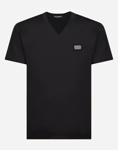 DOLCE & GABBANA COTTON V-NECK T-SHIRT WITH BRANDED TAG