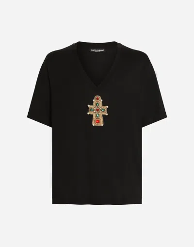 DOLCE & GABBANA COTTON V-NECK T-SHIRT WITH PATCH