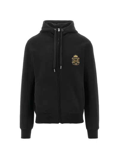 Dolce & Gabbana Cotton Zip-front Hoodie With Heraldic Patch, Regular Fit - Size 48 In Black