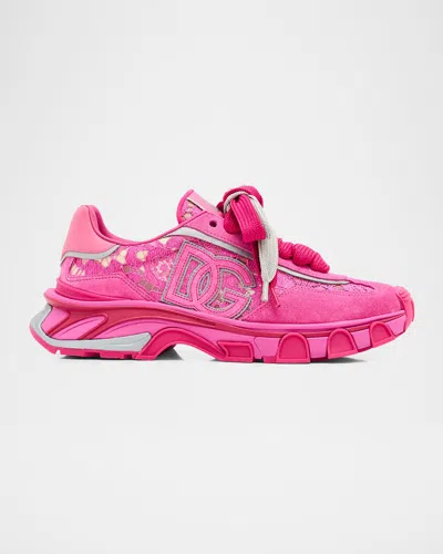 Dolce & Gabbana Country Road Lace And Suede Runner Sneakers In Pink