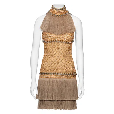 Pre-owned Dolce & Gabbana Couture Wood Beaded Jute Fringe Dress With Crystals, Ss 2005 In Brown