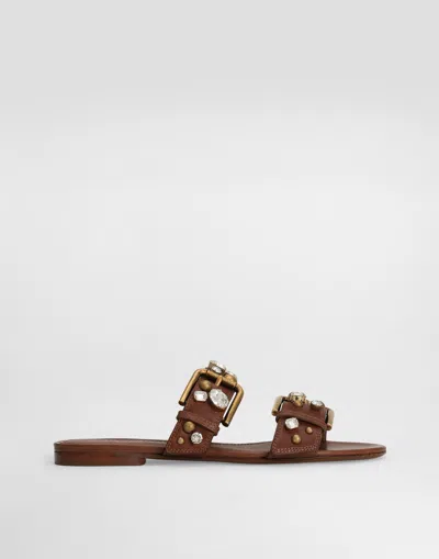 Dolce & Gabbana Cowhide Embellished Flat Slippers In Brown