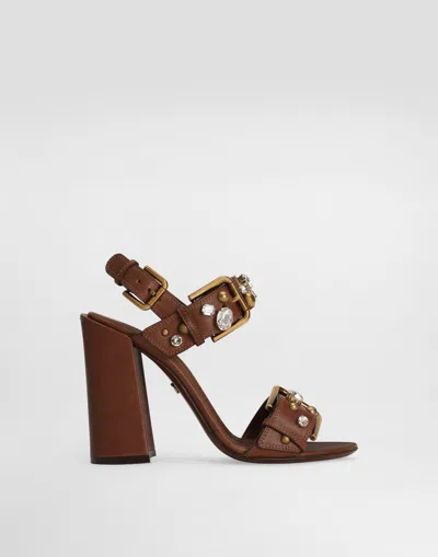 Dolce & Gabbana Cowhide Keira Sandals With Embellishements In Brown