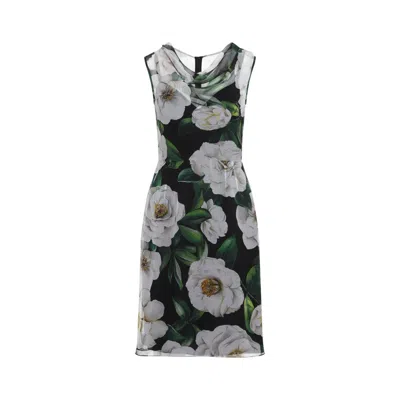 DOLCE & GABBANA DOLCE & GABBANA COWL NECK MIDI DRESS IN BLACK SILK WITH FLORAL PRINT