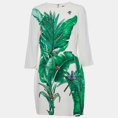 Pre-owned Dolce & Gabbana Cream Banana Leaf Embroidered Crepe Jewel Dress L In White
