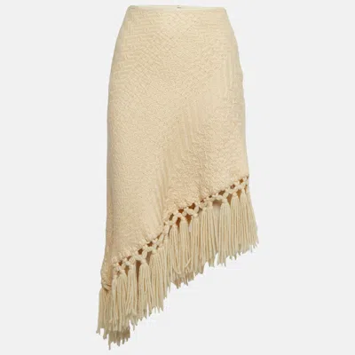 Pre-owned Dolce & Gabbana Cream Chunky Knit Tassels Detail Asymmetric Midi Skirt S