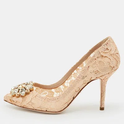 Pre-owned Dolce & Gabbana Cream Lace Bellucci Embellished Pointed Toe Pumps Size 36.5 In White
