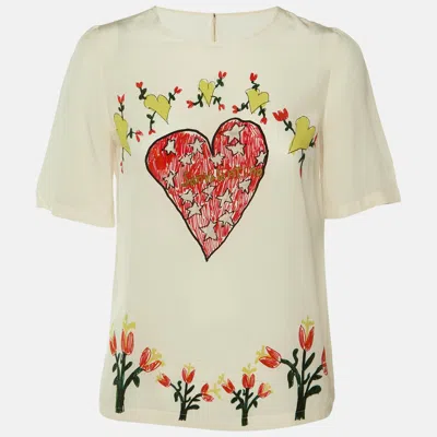 Pre-owned Dolce & Gabbana Cream Love Printed Silk Top M In White