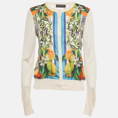 Pre-owned Dolce & Gabbana Cream Printed Silk & Knit Button Front Cardigan M In White
