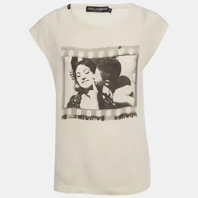 Pre-owned Dolce & Gabbana Cream Printed Silk Sleeveless Top Xs In White