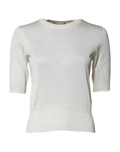 Pre-owned Dolce & Gabbana Cream Short Sleeve Silk Round Neck Blouse Women's Top () In White