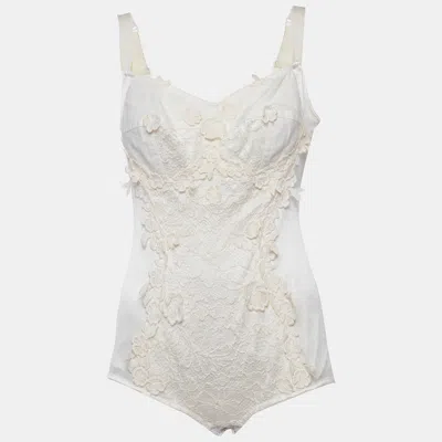 Pre-owned Dolce & Gabbana Cream Silk Blend Lace Detail Bodysuit M In White