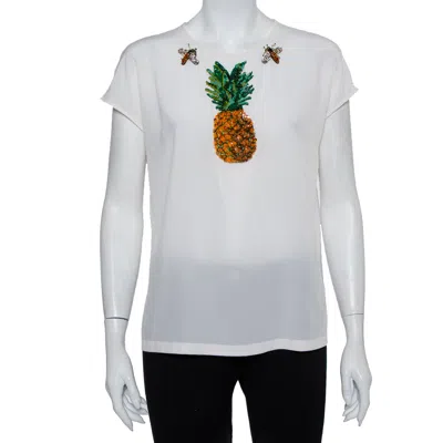 Pre-owned Dolce & Gabbana Cream Silk Sequin Embellished Trim Blouse M