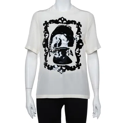 Pre-owned Dolce & Gabbana Cream Silk Silhouette Applique Detail Short Sleeve Top M