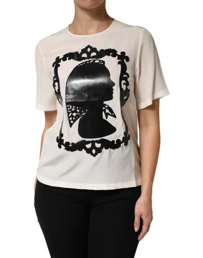 Dolce & Gabbana Cream Silk Silhouette Detail Short Sleeve Top In White