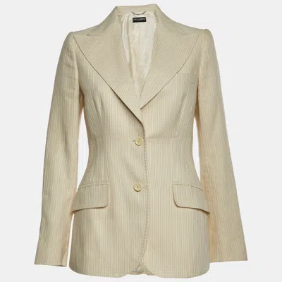 Pre-owned Dolce & Gabbana Cream Stripe Linen Blend Single Breasted Blazer M In White