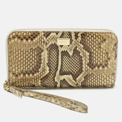 Pre-owned Dolce & Gabbana Cream/black Python Continental Wristlet Wallet In White