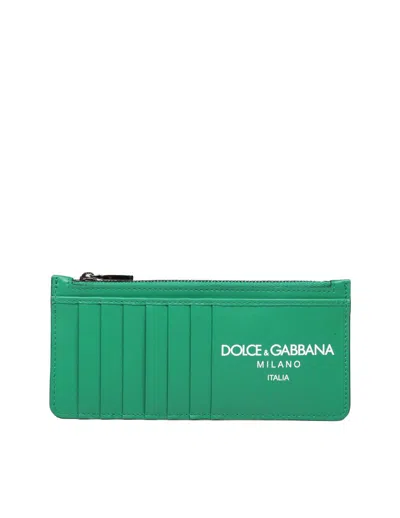 Dolce & Gabbana Calfskin Card Holder With Green Logo In Dark Green