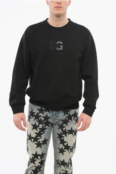 Dolce & Gabbana Crew Neck Cotton Blend Sweatshirt With Embossed Logo In Black