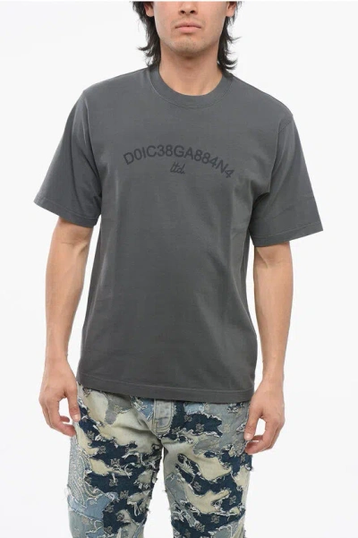 Dolce & Gabbana Crew Neck Cotton T-shirt With Printed Logo In Gray