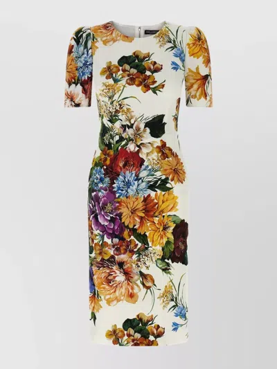 DOLCE & GABBANA CREW NECK FITTED FLORAL PRINT SHORT SLEEVE DRESS