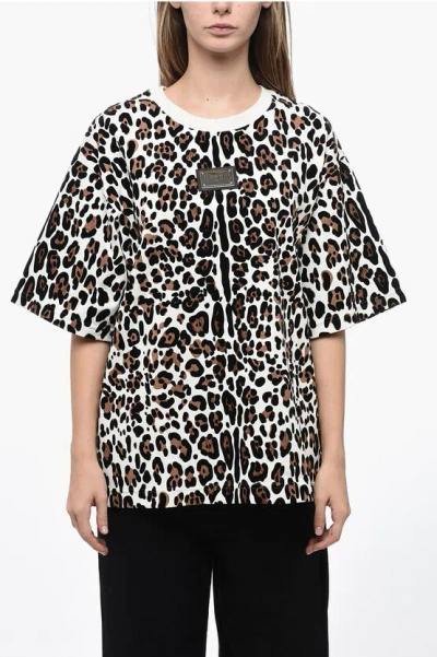 Dolce & Gabbana Animal Print Logo T-shirt With Round Neck In Multicolor