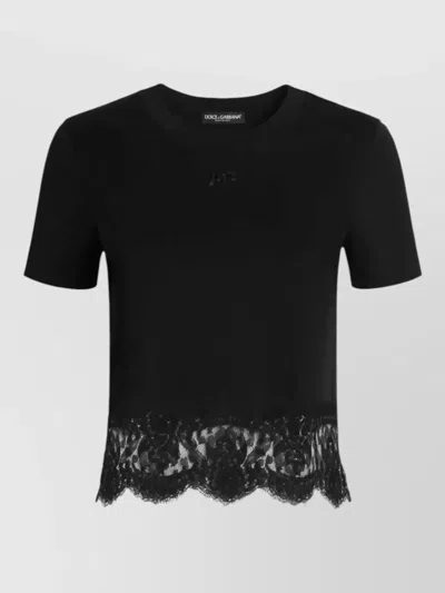 Dolce & Gabbana Crew Neck Lace Trim Cropped T Shirt In Black